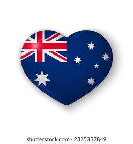 3d heart with flag of Australia. Glossy realistic vector element on white background with shadow underneath. Best for mobile apps, UI and web design. EPS 10.