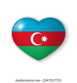 3d heart with flag of Azerbaijan. Glossy realistic vector element on white background with shadow underneath. Best for mobile apps, UI and web design. EPS 10.