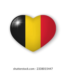 3d heart with flag of Belgium. Glossy realistic vector element on white background with shadow underneath. Best for mobile apps, UI and web design. EPS 10.