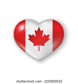3d heart with flag of Canada. Glossy realistic vector element on white background with shadow underneath. Best for web, logo, print and festive decoration. EPS 10.