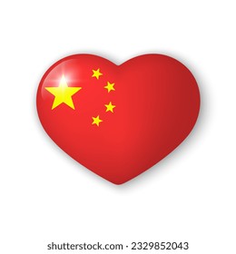 3d heart with flag of China. Glossy realistic vector element on white background with shadow underneath. Best for mobile apps, UI and web design. EPS 10.