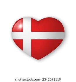 3d heart with flag of Denmark. Glossy realistic vector element on white background with shadow underneath. Best for mobile apps, UI and web design. EPS 10.
