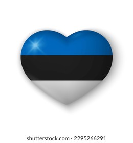 3d heart with flag of Estonia. Glossy realistic vector element on white background with shadow underneath. Best for mobile apps, UI and web design. EPS 10.