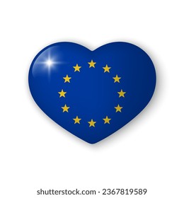 3d heart with flag of European Union. Glossy realistic vector element on white background with shadow underneath. Best for mobile apps, UI and web design.