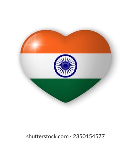 3d heart with flag of India. Glossy realistic vector element on white background with shadow underneath.