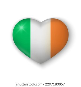 3d heart with flag of Ireland. Glossy realistic vector element on white background with shadow underneath. Best for mobile apps, UI and web design. EPS 10.