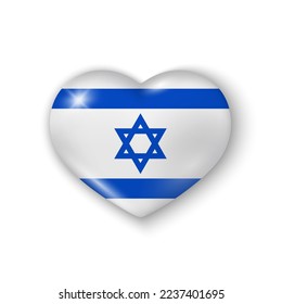 3d heart with flag of Israel. Glossy realistic vector element on white background with shadow underneath. Best for web, logo, print and festive decoration. EPS 10.