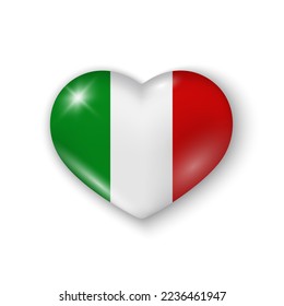 3d corazón con bandera de Italia. Elemento vectorial brillante realista sobre fondo blanco con sombra por debajo. Mejor para web, logotipo, impresión y decoración festiva. EPS 10.