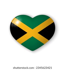3d heart with flag of Jamaica. Glossy realistic vector element on white background with shadow underneath. Best for mobile apps, UI and web design. EPS 10.