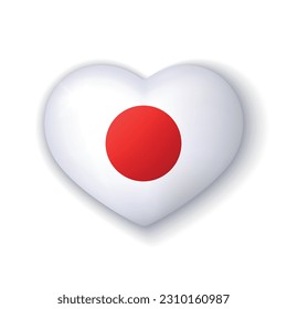 3d heart with flag of Japan. Glossy realistic vector element on white background with shadow underneath. Best for mobile apps, UI and web design. EPS 10.