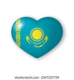 3d heart with flag of Kazakhstan. Glossy realistic vector element on white background with shadow underneath. Best for mobile apps, UI and web design. EPS 10.