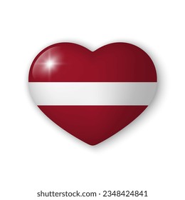 3d heart with flag of Latvia. Glossy realistic vector element on white background with shadow underneath. Best for mobile apps, UI and web design.
