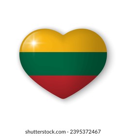 3d heart with flag of Lithuania. Realistic vector element on white background with shadow underneath. Best for mobile apps, UI and web design.