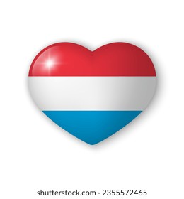 3d heart with flag of Luxembourg. Glossy realistic vector element on white background with shadow underneath. Best for mobile apps, UI and web design.