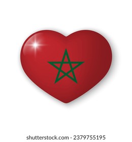 3d heart with flag of Morocco. Glossy realistic vector element on white background with shadow underneath. Best for mobile apps, UI and web design.