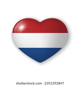 3d heart with flag of Netherlands. Glossy realistic vector element on white background with shadow underneath. Best for mobile apps, UI and web design.