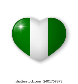 3d heart with flag of Nigeria. Realistic vector element on white background with shadow underneath. Best for mobile apps, UI and web design.