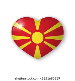 3d heart with flag of North Macedonia. Glossy realistic vector element on white background with shadow underneath. Best for mobile apps, UI and web design. EPS 10.