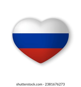 3d heart with flag of Russia. Realistic vector element on white background with shadow underneath. Best for mobile apps, UI and web design.