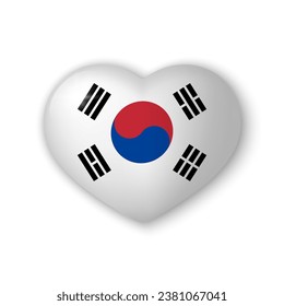 3d heart with flag of South Korea. Glossy realistic vector element on white background with shadow underneath. Best for mobile apps, UI and web design.