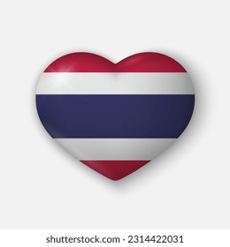 3d heart with flag of Thailand. Glossy realistic vector element on white background with shadow underneath. Best for mobile apps, UI and web design. EPS 10.