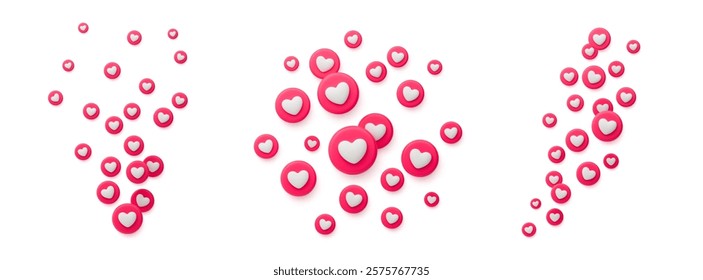 3D heart flying icon set for live streaming or stories. Like backgrounds advertising. Social media reaction concept. Realistic vector illustration isolated on white