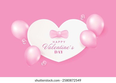 3d heart frame paper cut with balloon on pink background. Valentine's day greeting.