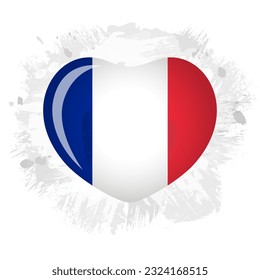 3D heart with French flag on brush strokes and ink spots modern background. Welcome to Paris, welcome to France tourist business logo concept. Happy Bastille Day apparel graphic. T-shirt design.