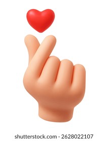 3D heart hand emoji. Korean finger heart. Love expression gesture, friendship and happy relationship cute K-pop sign. Vector isolated realistic 3D render illustration.