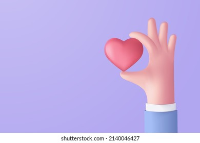 3D heart in hand holding on social media online platform concept, online social communication on applications, heart and love emoji icon, feeling love in hand. 3d vector render in purple background