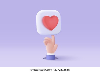 El corazón en 3D sosteniendo en los medios sociales el concepto de plataforma en línea, la comunicación social en línea sobre aplicaciones, el ícono del emoji corazón y amor, sintiendo amor en mano. 3 d representación vectorial en fondo púrpura