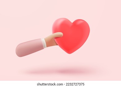 3D heart in hand holding on social media online platform concept, online social communication on applications, heart and love emoji icon, feeling love in hand. 3d icon vector render illustration