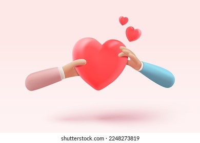 El corazón en 3D sosteniendo en los medios sociales el concepto de plataforma en línea, la comunicación social en línea sobre aplicaciones, el ícono del emoji corazón y amor, sintiendo amor en mano. Ilustración de vectores de iconos de 3 d