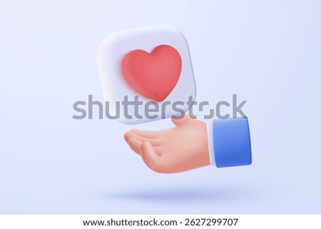 3D heart in hand holding on social media online platform concept, online social communication on applications, heart and love emoji icon, feeling love in hand. 3d vector render in purple background