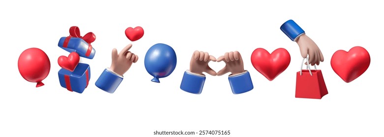 3D heart in hands. Gesture of love. Romantic icon. Couple communication. Buy in shop. Valentine holiday. Cartoon plastic render of gift box or balloon. Symbol for design of interface. Vector exact set