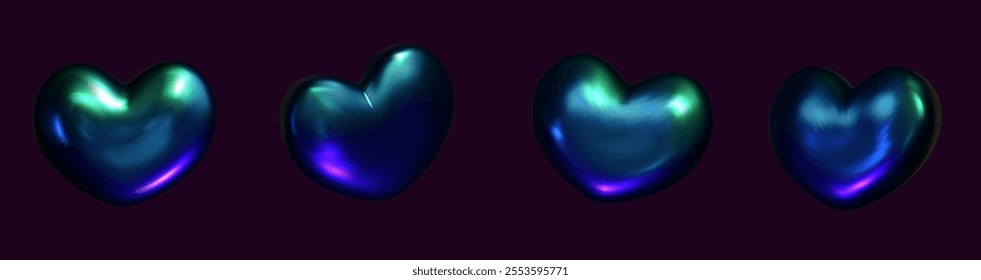 3D heart hologram gradient. 3d y2k chrome metal heart. Render vector holographic