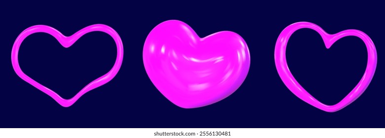 3D heart hologram gradient. 3d y2k chrome metal heart. Render vector holographic