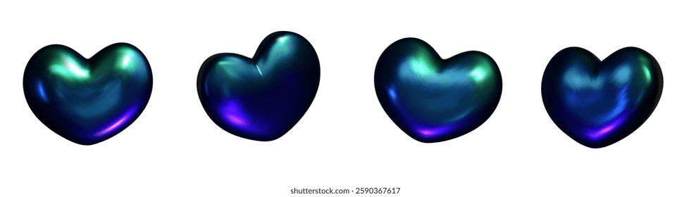 3D heart hologram gradient. 3d y2k chrome metal heart. Render vector holographic