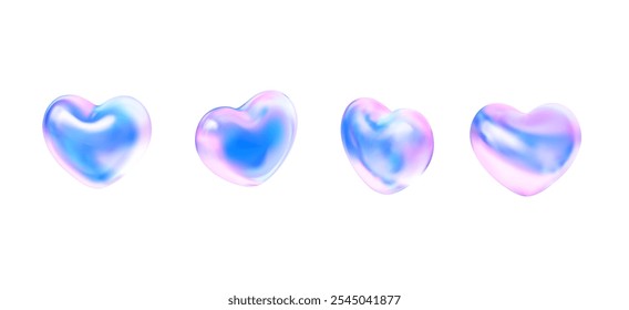 3D heart holographic set in Y2K style. Futuristic vector element.