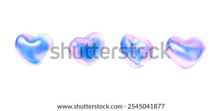 3D heart holographic set in Y2K style. Futuristic vector element.