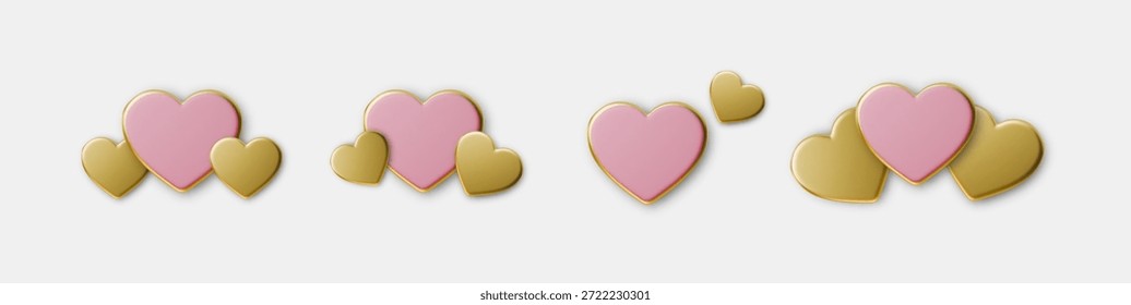 3D heart icon set with pink and gold, perfect for Valentines Day designs, romantic greetings, love symbols, social media reactions, and festive celebration graphics.