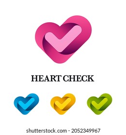 3d heart icons with check marks on white background. Medical or love abstract logo templates.