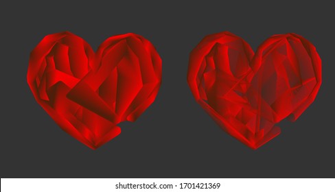 
3D heart with lines of red shades for a dark background of two kinds. Like message symbol. For social networks. Vector EPS10