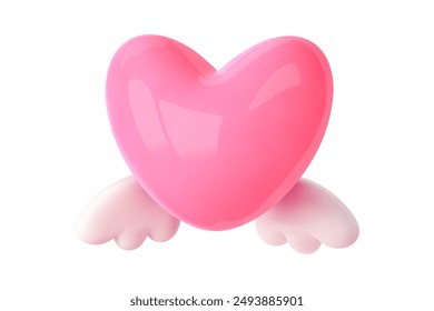 3d heart love emoji. Pink heart with white wings on isolated background. 3d love icon. Vector illustration in cartoon style