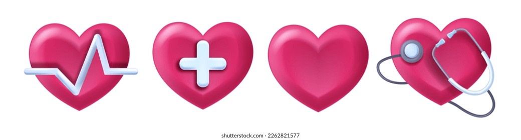3D heart medical icon vector set, health sign, pulse line wave, cartoon healthcare cardiac clipart. Blood pressure symbol, electrocardiogram hospital research, stylized heartbeat. 3D heart support