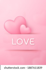 3D heart on pink background. Love concept design greeting card for happy mother's day, valentine's day, birthday day. Poster and greeting card template. vector paper art illustration.