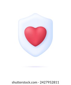 Corazón 3D en el icono de escudo. Latido cardiaco único, cardiograma. Concepto de atención médica. Protección del corazón. Vector moderno y moderno en estilo 3d