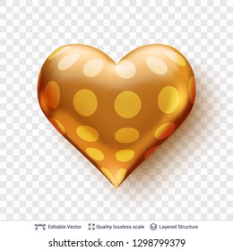 3D heart with pattern of golden circles. Isolated decorative love symbol. Editable design element.
