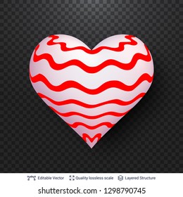 3D heart with pattern of red waves. Decorative love symbol isolated on dark background. Editable design element.