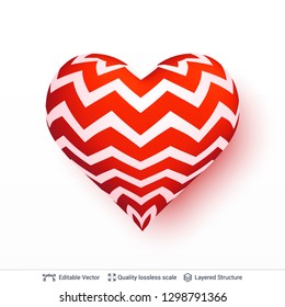 3D heart with pattern of red and white stripes. Decorative love symbol isolated on white. Editable design element.
